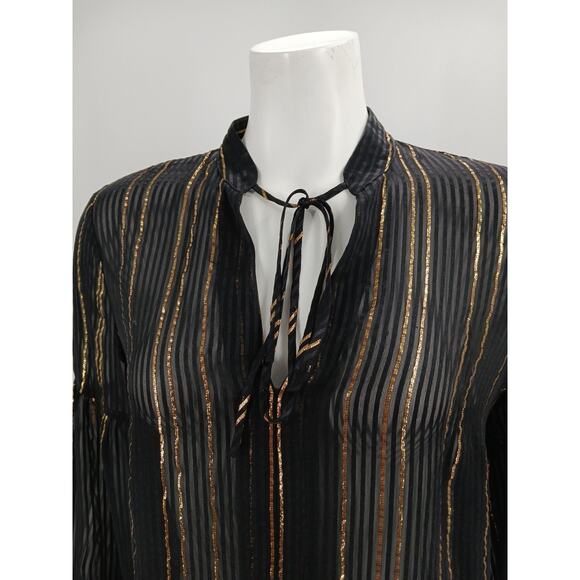 Derek Lam 10 Crosby Top Womens Size 8 Black Gold Metallic Stripes Sheer Silk - Picture 2 of 14